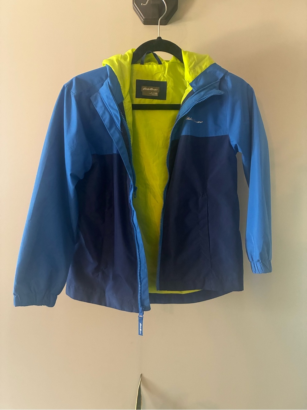 Eddie Bauer Boys Colorblock Blue Raincoat with Neon Yellow Lining